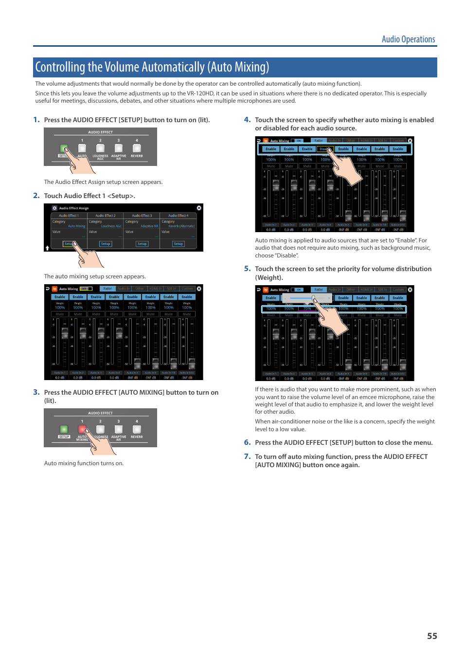 Controlling the volume automatically (auto mixing), Audio operations | Roland VR-120HD Direct Streaming AV Mixer User Manual | Page 55 / 161