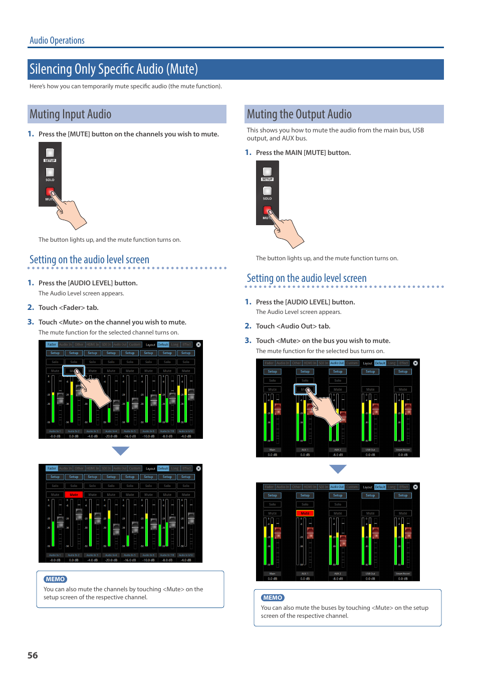 Silencing only specific audio (mute), Muting input audio, Muting the output audio | Setting on the audio level screen, Audio operations | Roland VR-120HD Direct Streaming AV Mixer User Manual | Page 56 / 161