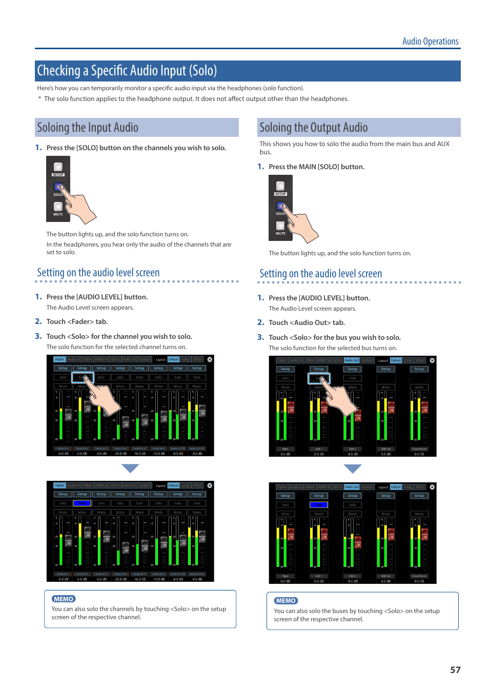 Checking a specific audio input (solo), Soloing the input audio, Soloing the output audio | Setting on the audio level screen, Audio operations | Roland VR-120HD Direct Streaming AV Mixer User Manual | Page 57 / 161