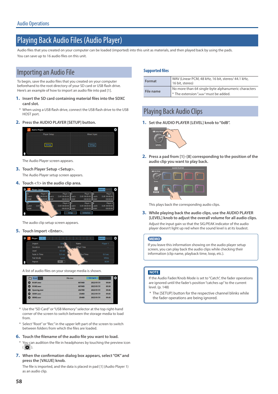 Playing back audio files (audio player), Importing an audio file, Playing back audio clips | Audio operations | Roland VR-120HD Direct Streaming AV Mixer User Manual | Page 58 / 161