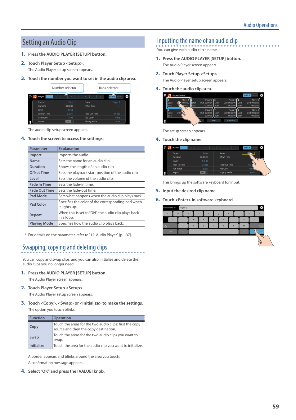 Setting an audio clip, Swapping, copying and deleting clips, Inputting the name of an audio clip | Audio operations | Roland VR-120HD Direct Streaming AV Mixer User Manual | Page 59 / 161