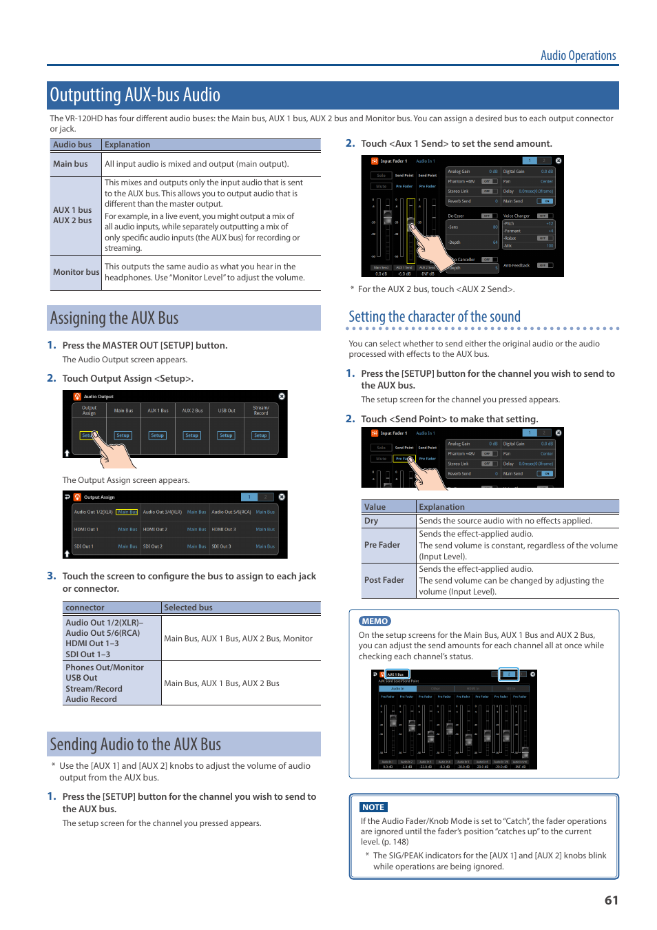 Outputting aux-bus audio, Assigning the aux bus, Sending audio to the aux bus | Setting the character of the sound, Audio operations | Roland VR-120HD Direct Streaming AV Mixer User Manual | Page 61 / 161