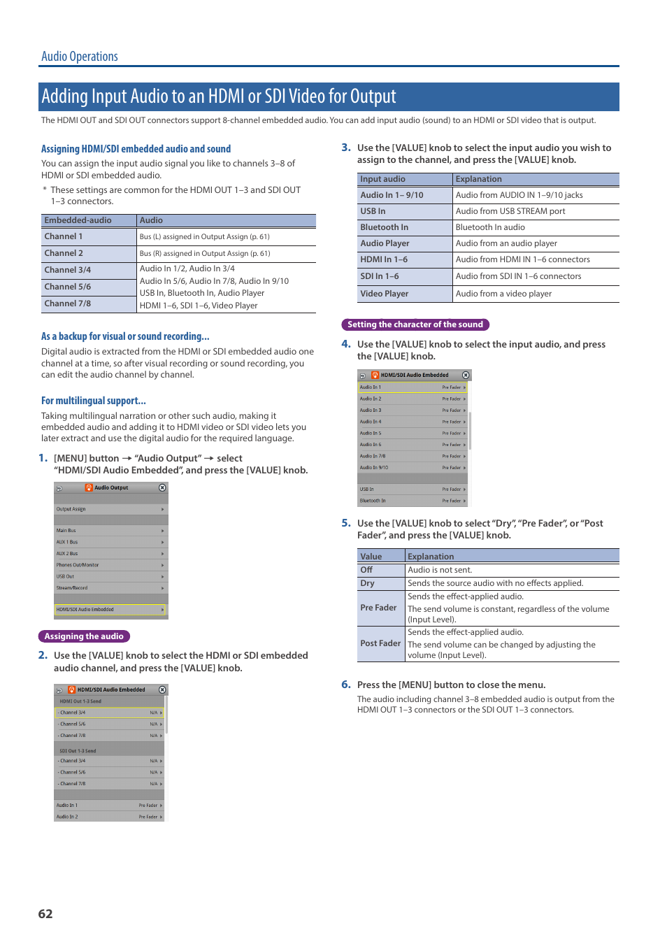 Audio operations | Roland VR-120HD Direct Streaming AV Mixer User Manual | Page 62 / 161