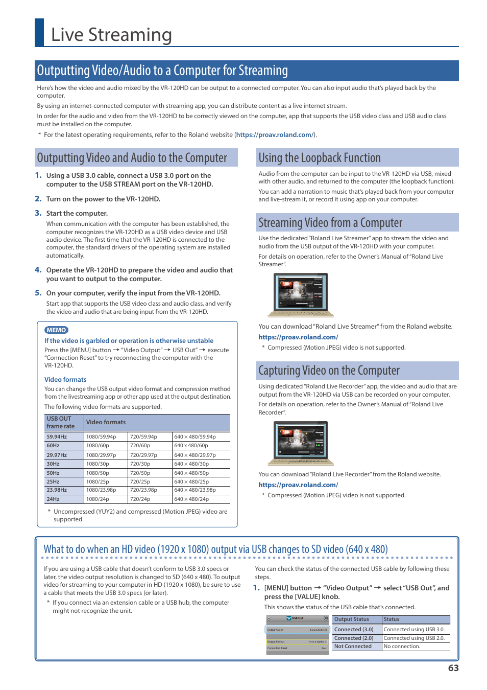 Live streaming, Outputting video/audio to a computer for streaming, Outputting video and audio to the computer | Using the loopback function, Streaming video from a computer, Capturing video on the computer | Roland VR-120HD Direct Streaming AV Mixer User Manual | Page 63 / 161