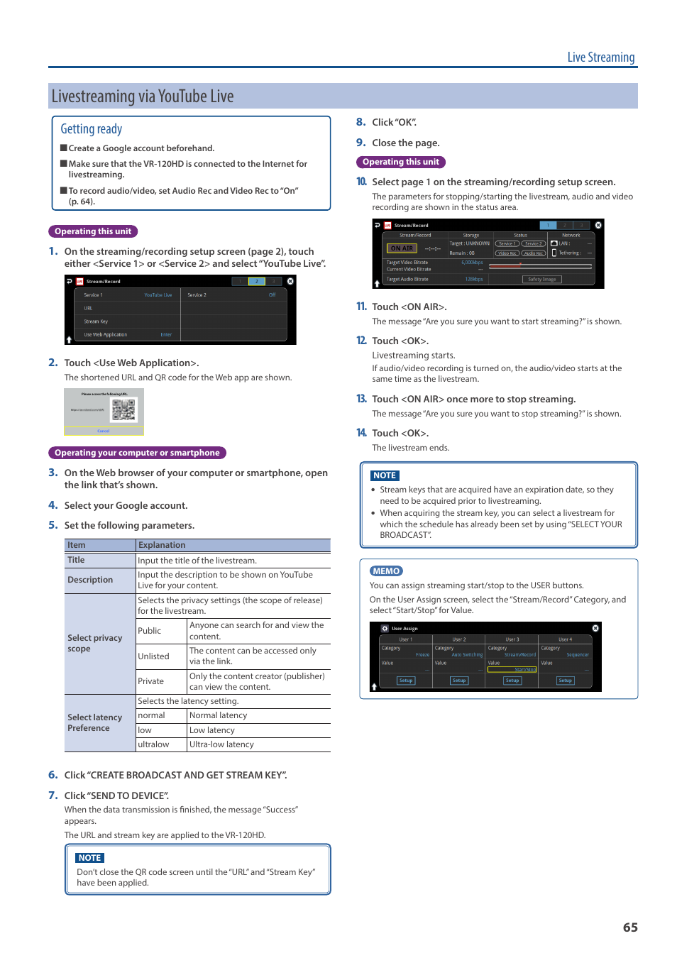 Livestreaming via youtube live, Live streaming, Getting ready | Roland VR-120HD Direct Streaming AV Mixer User Manual | Page 65 / 161