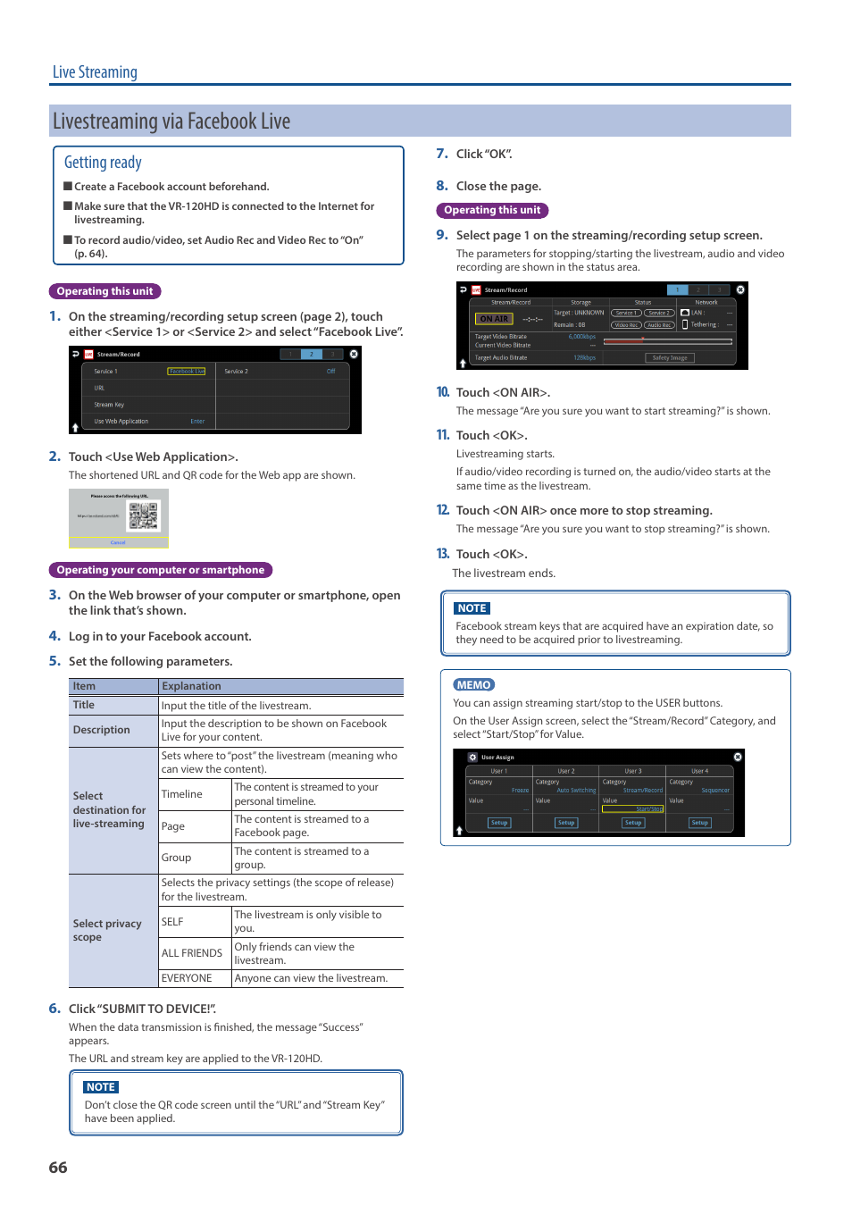 Livestreaming via facebook live, Live streaming, Getting ready | Roland VR-120HD Direct Streaming AV Mixer User Manual | Page 66 / 161