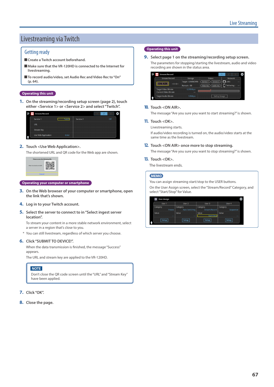 Livestreaming via twitch, Live streaming, Getting ready | Roland VR-120HD Direct Streaming AV Mixer User Manual | Page 67 / 161