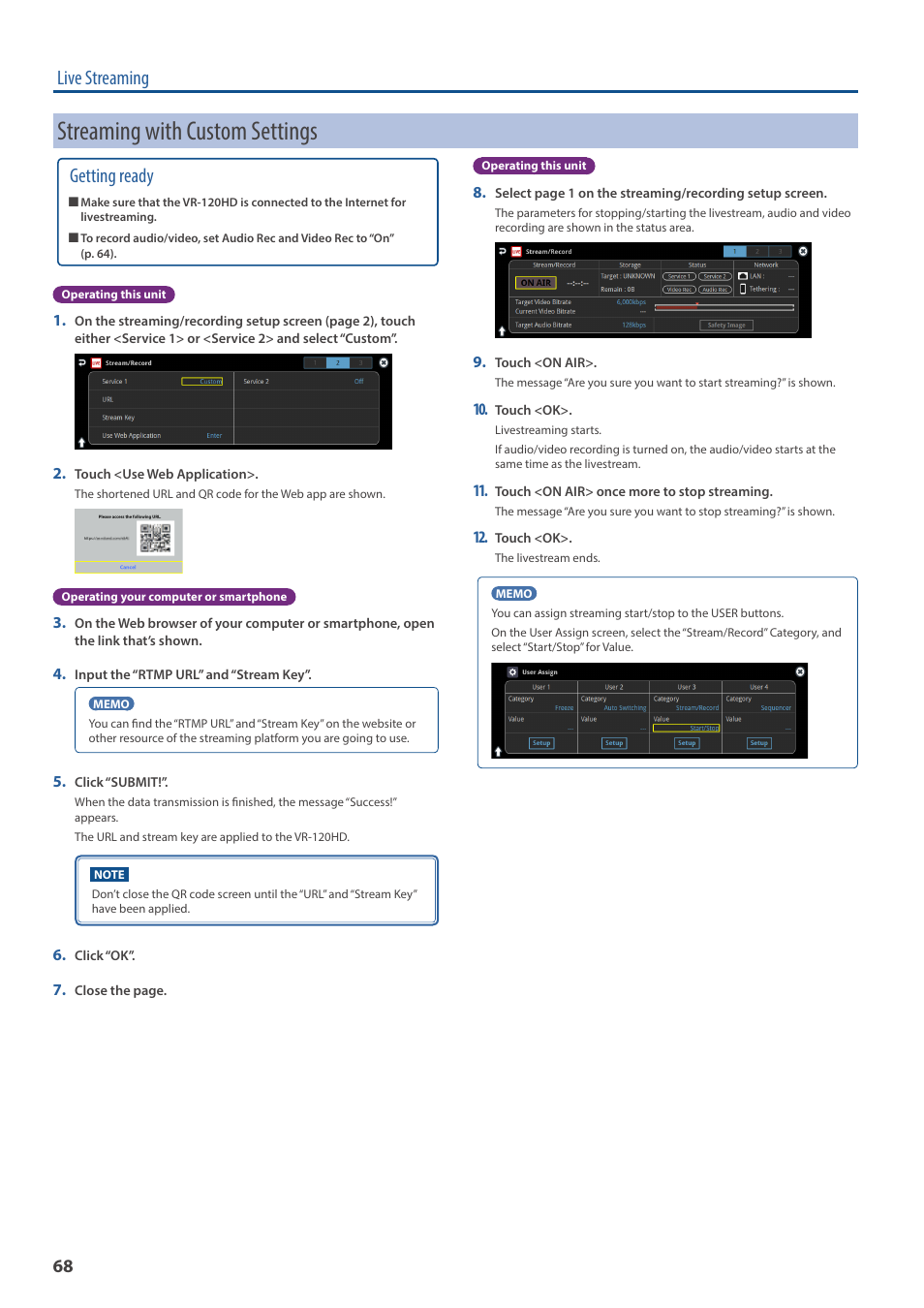 Streaming with custom settings, Live streaming, Getting ready | Roland VR-120HD Direct Streaming AV Mixer User Manual | Page 68 / 161