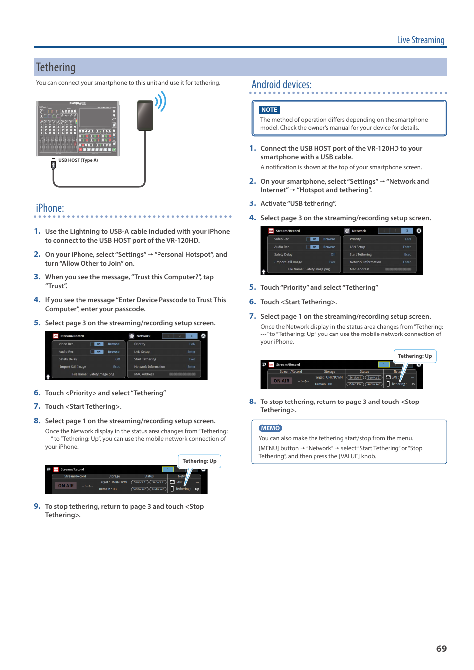 Tethering, Iphone, Android devices | Live streaming | Roland VR-120HD Direct Streaming AV Mixer User Manual | Page 69 / 161