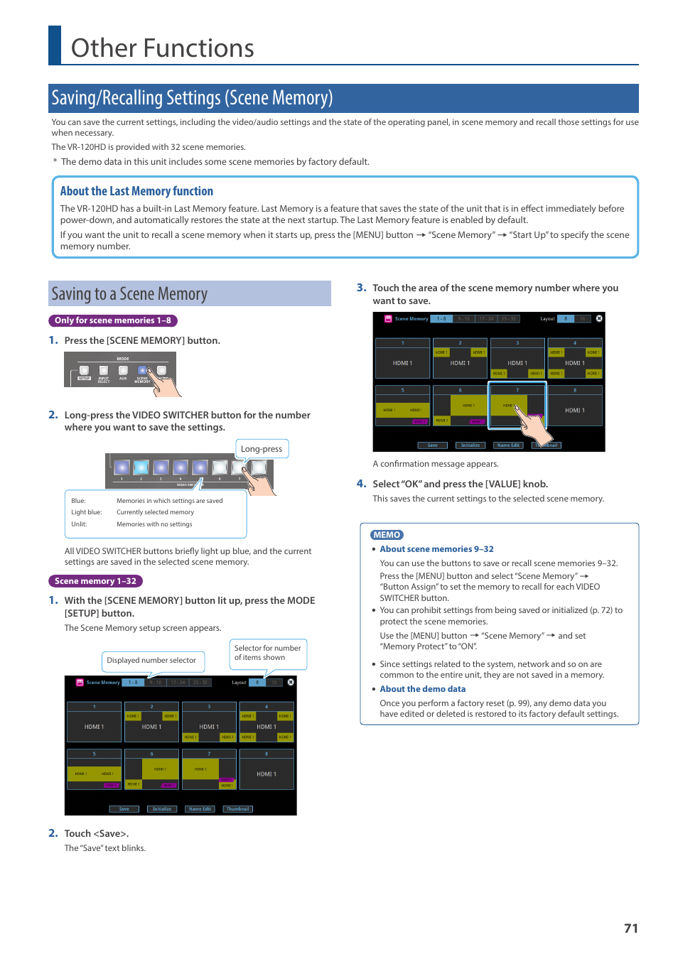 Other functions, Saving/recalling settings (scene memory), Saving to a scene memory | Roland VR-120HD Direct Streaming AV Mixer User Manual | Page 71 / 161