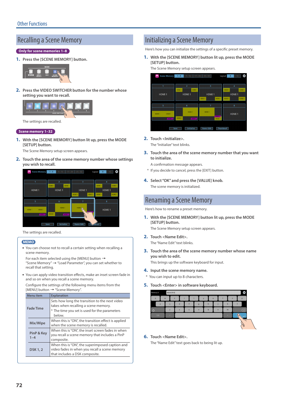 Recalling a scene memory, Initializing a scene memory, Renaming a scene memory | Other functions | Roland VR-120HD Direct Streaming AV Mixer User Manual | Page 72 / 161