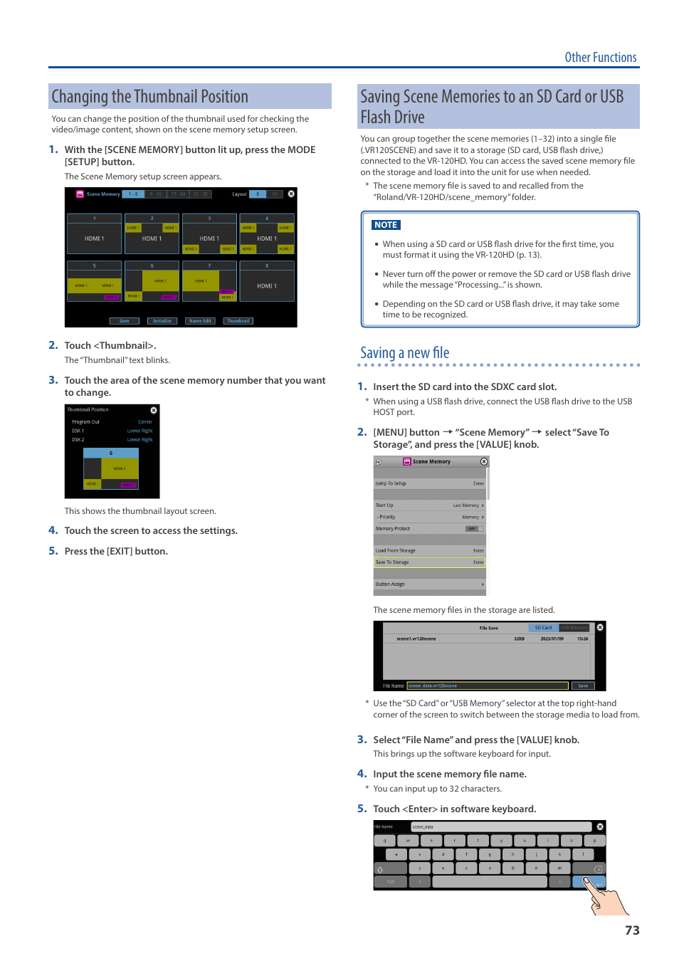 Changing the thumbnail position, Saving a new file, Other functions | Roland VR-120HD Direct Streaming AV Mixer User Manual | Page 73 / 161