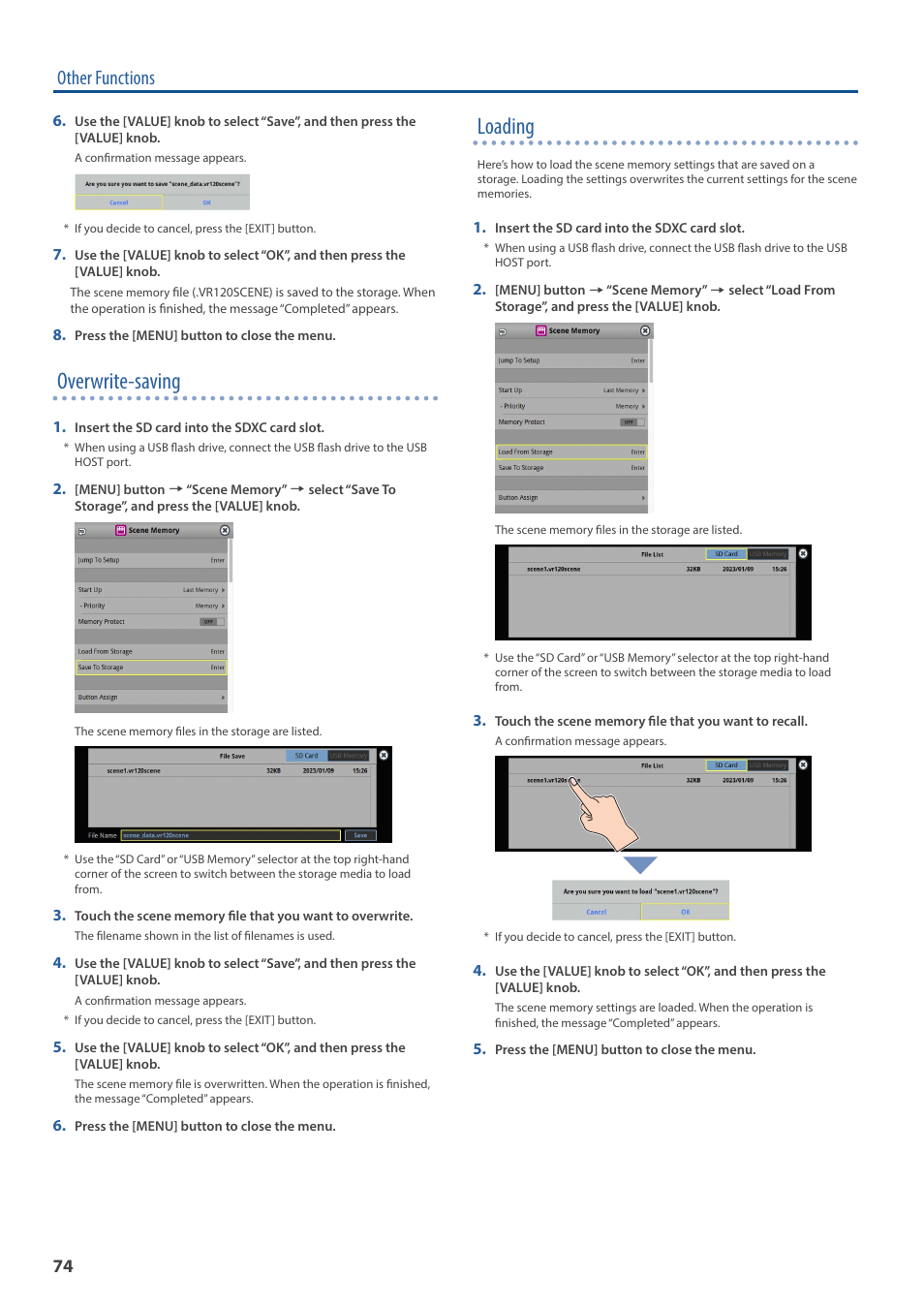 Overwrite-saving, Loading, Other functions | Roland VR-120HD Direct Streaming AV Mixer User Manual | Page 74 / 161