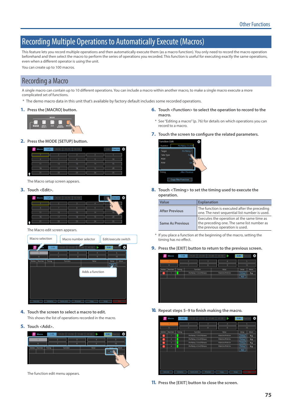 Recording a macro, Macros), Other functions | Roland VR-120HD Direct Streaming AV Mixer User Manual | Page 75 / 161