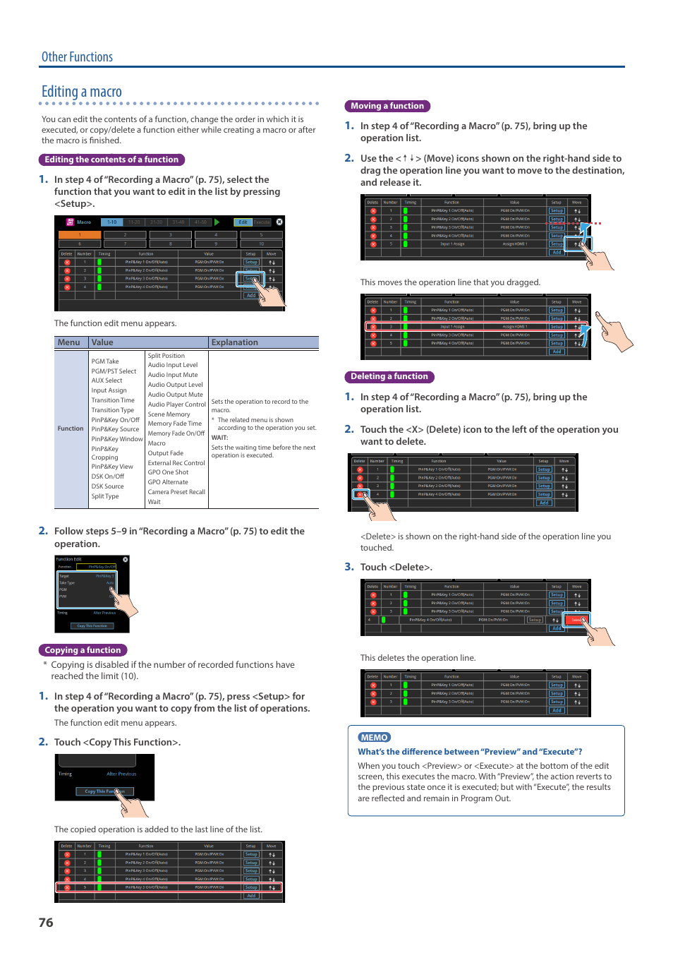 Editing a macro, Other functions | Roland VR-120HD Direct Streaming AV Mixer User Manual | Page 76 / 161