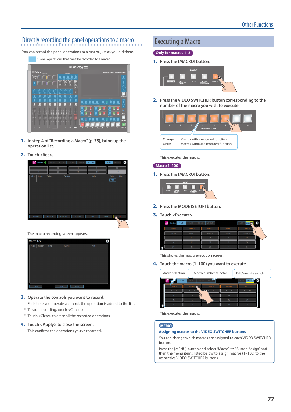 Executing a macro, Directly recording the panel operations to a macro, Other functions | Roland VR-120HD Direct Streaming AV Mixer User Manual | Page 77 / 161