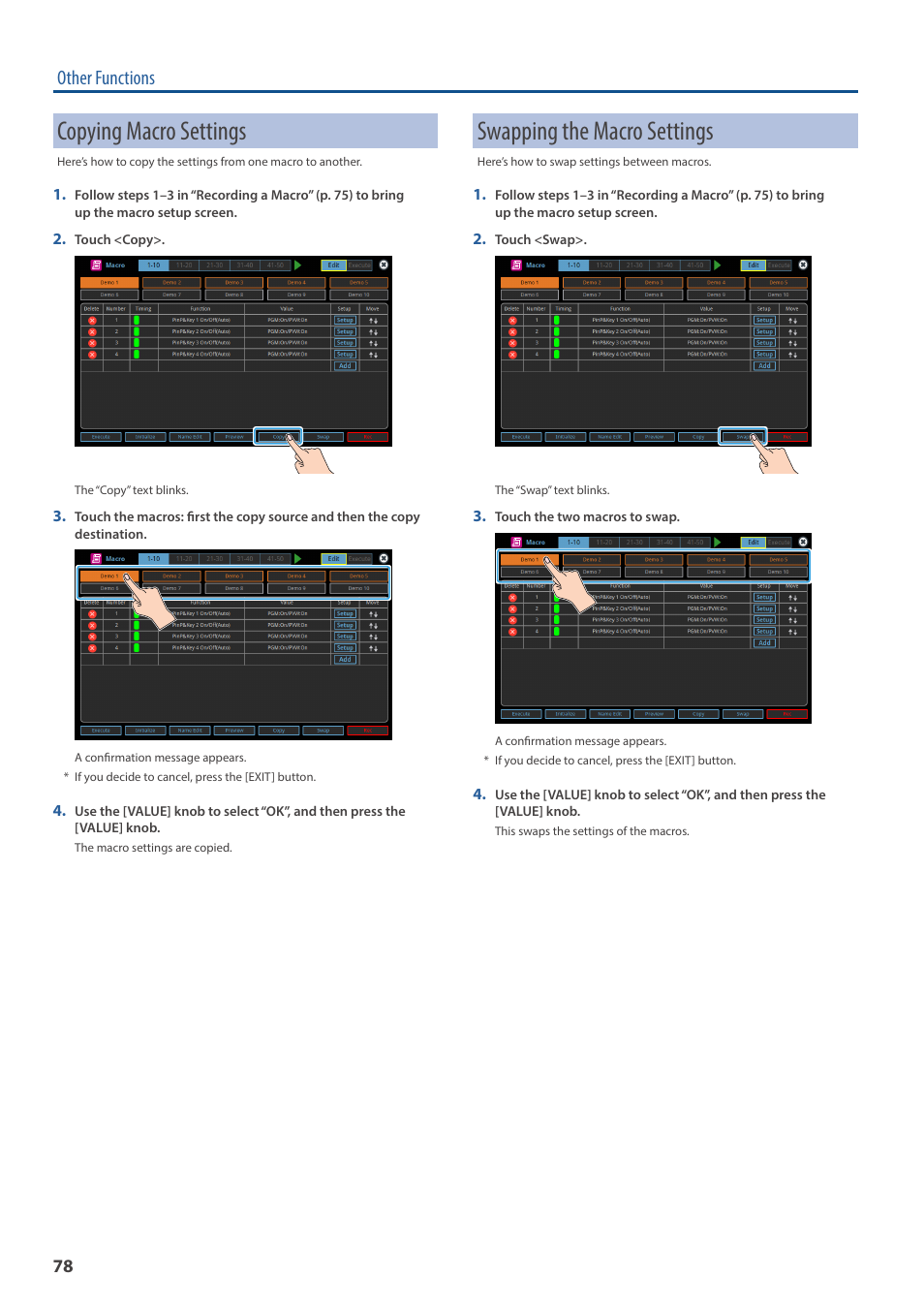 Copying macro settings, Swapping the macro settings, Other functions | Roland VR-120HD Direct Streaming AV Mixer User Manual | Page 78 / 161