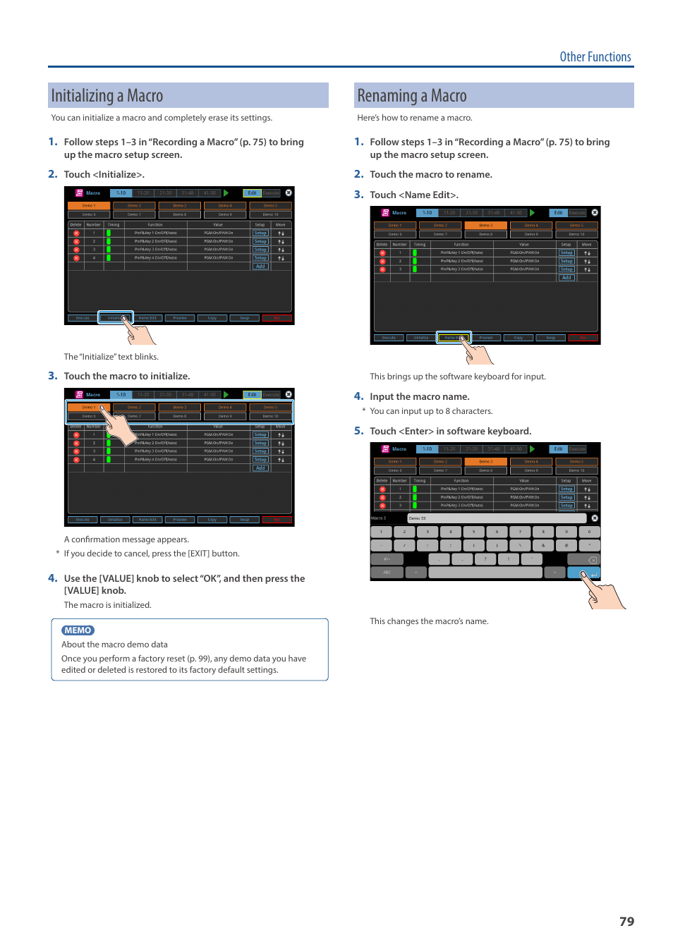 Initializing a macro, Renaming a macro, Other functions | Roland VR-120HD Direct Streaming AV Mixer User Manual | Page 79 / 161