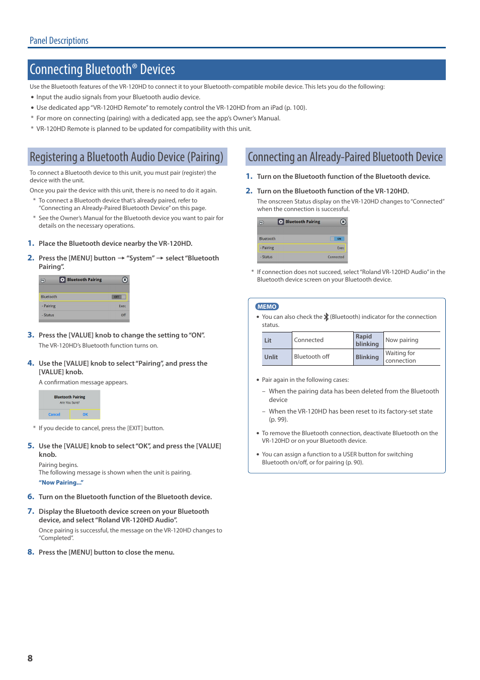 Connecting bluetooth® devices, Registering a bluetooth audio device (pairing), Connecting an already-paired bluetooth device | Panel descriptions | Roland VR-120HD Direct Streaming AV Mixer User Manual | Page 8 / 161