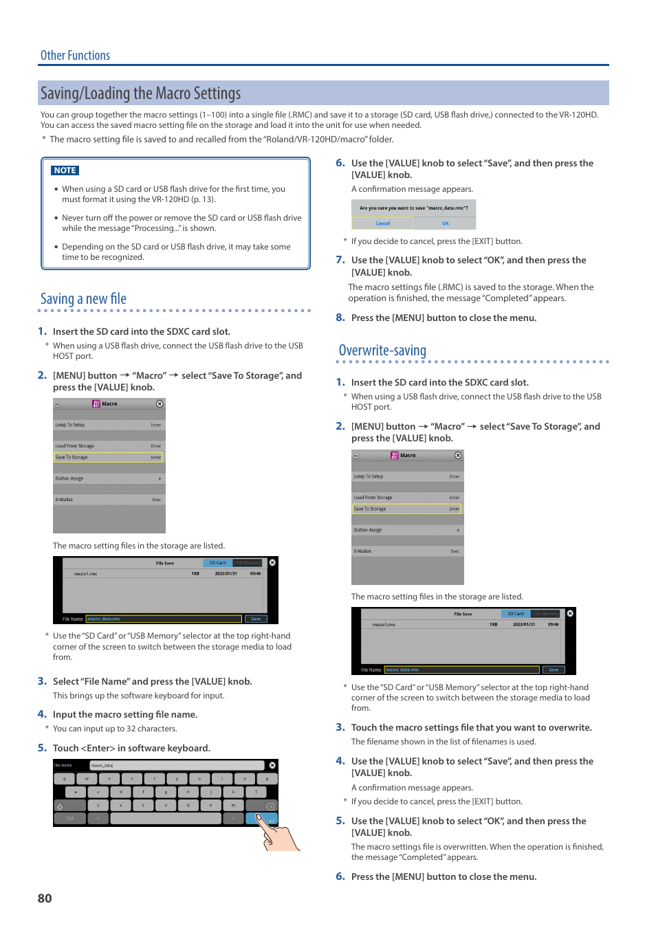 Saving/loading the macro settings, Saving a new file, Overwrite-saving | Other functions | Roland VR-120HD Direct Streaming AV Mixer User Manual | Page 80 / 161