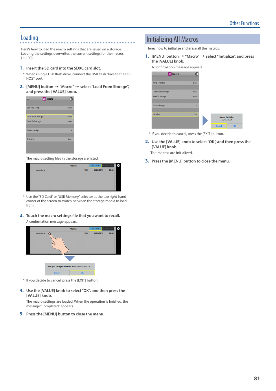 Initializing all macros, Loading, Other functions | Roland VR-120HD Direct Streaming AV Mixer User Manual | Page 81 / 161