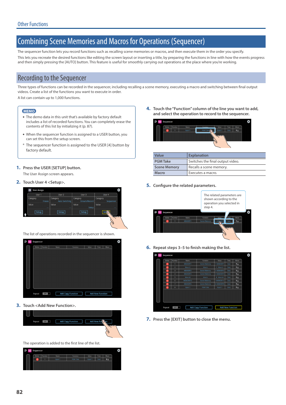 Recording to the sequencer, Combining scene memories and macros for operations, Sequencer) | Other functions | Roland VR-120HD Direct Streaming AV Mixer User Manual | Page 82 / 161