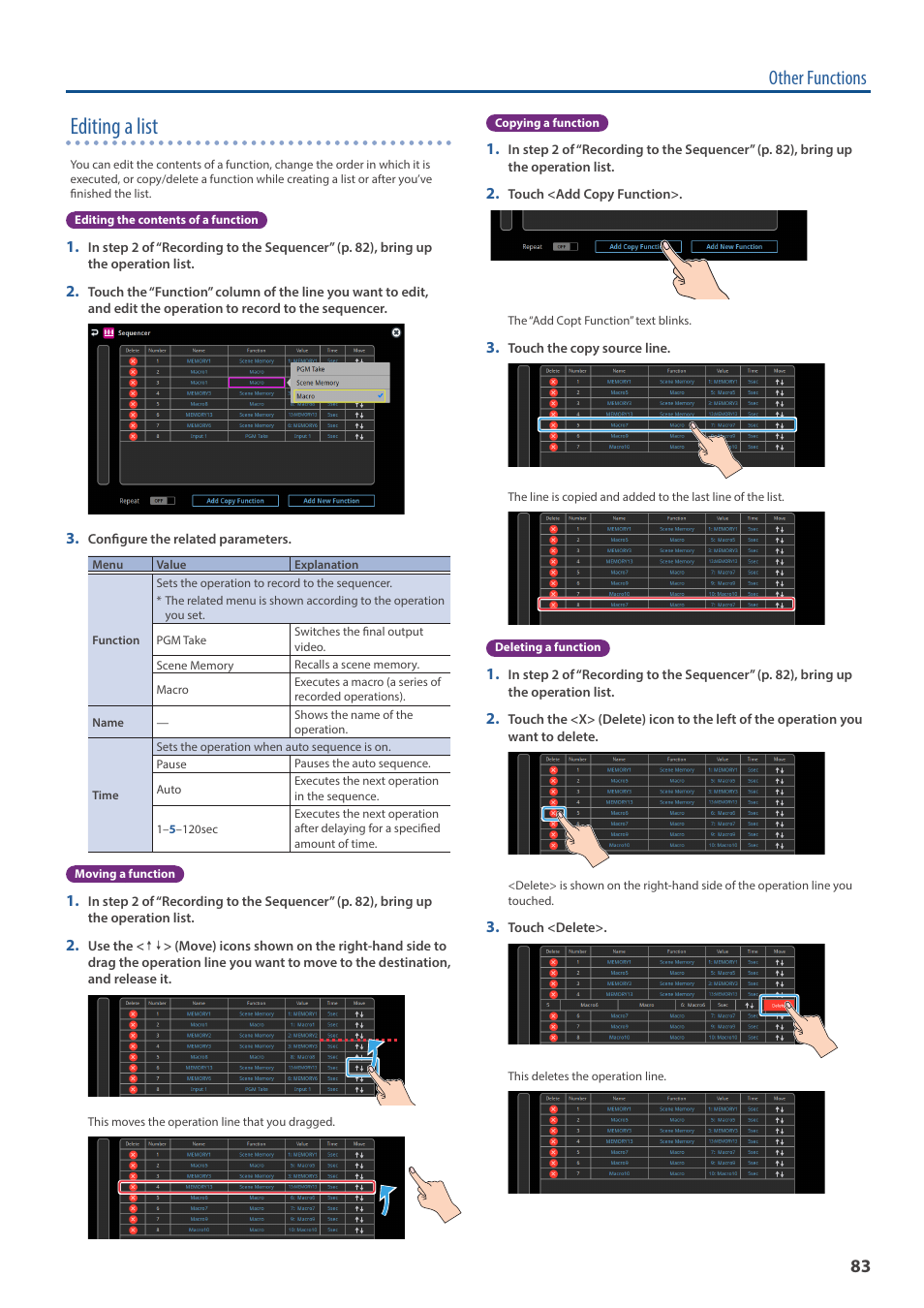 Editing a list, Other functions | Roland VR-120HD Direct Streaming AV Mixer User Manual | Page 83 / 161