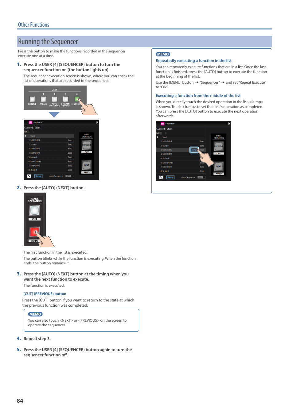 Running the sequencer, Other functions | Roland VR-120HD Direct Streaming AV Mixer User Manual | Page 84 / 161