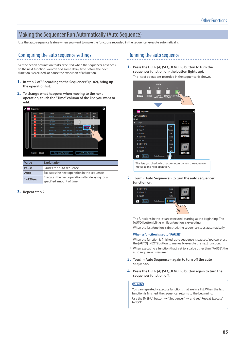 Configuring the auto sequence settings, Running the auto sequence, Other functions | Roland VR-120HD Direct Streaming AV Mixer User Manual | Page 85 / 161