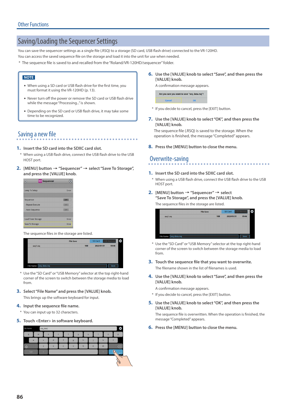 Saving/loading the sequencer settings, Saving a new file, Overwrite-saving | Other functions | Roland VR-120HD Direct Streaming AV Mixer User Manual | Page 86 / 161