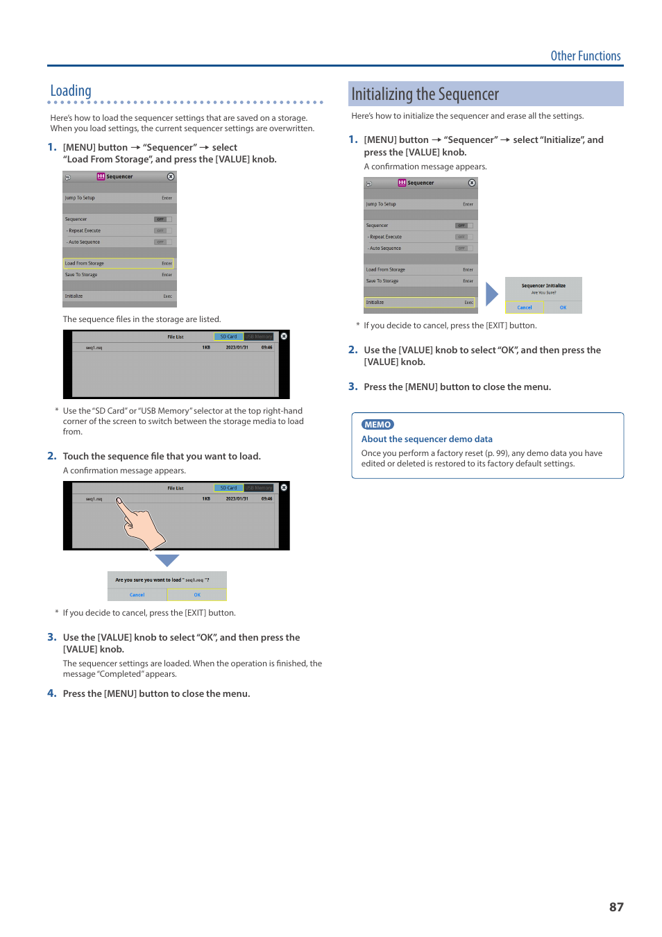 Initializing the sequencer, Loading, Other functions | Roland VR-120HD Direct Streaming AV Mixer User Manual | Page 87 / 161