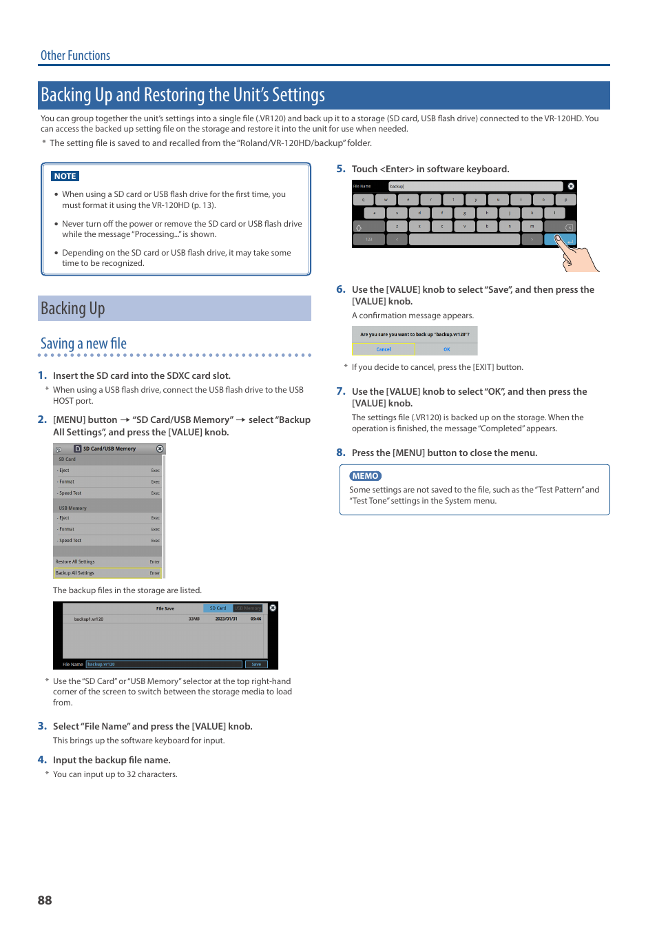 Backing up and restoring the unit’s settings, Backing up, Saving a new file | Other functions | Roland VR-120HD Direct Streaming AV Mixer User Manual | Page 88 / 161