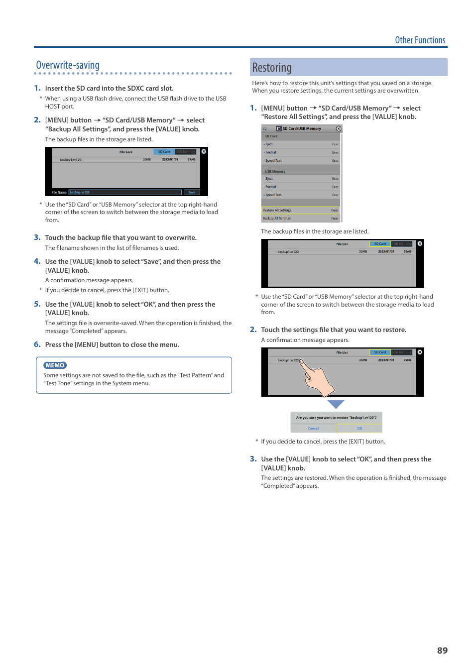 Restoring, Overwrite-saving, Other functions | Roland VR-120HD Direct Streaming AV Mixer User Manual | Page 89 / 161