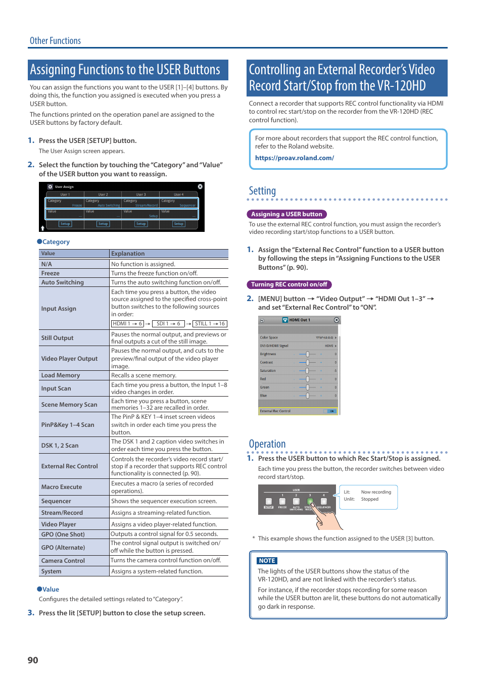 Assigning functions to the user buttons, Stop from the, Vr-120hd | Assigning functions to the user buttons” (p. 90), P. 90), Setting, Operation, Other functions | Roland VR-120HD Direct Streaming AV Mixer User Manual | Page 90 / 161