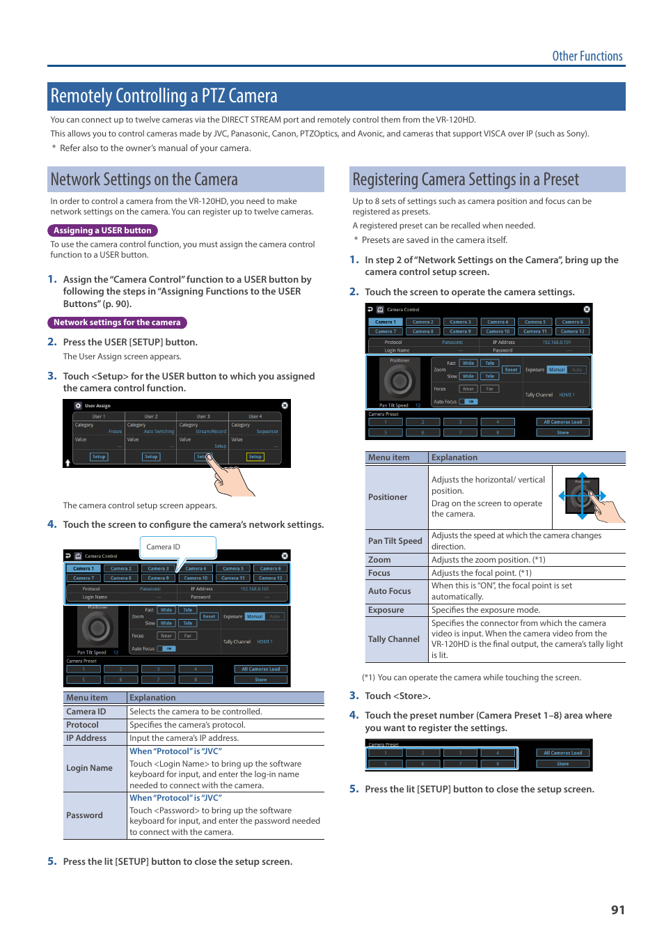 Remotely controlling a ptz camera, Network settings on the camera, Registering camera settings in a preset | Other functions | Roland VR-120HD Direct Streaming AV Mixer User Manual | Page 91 / 161