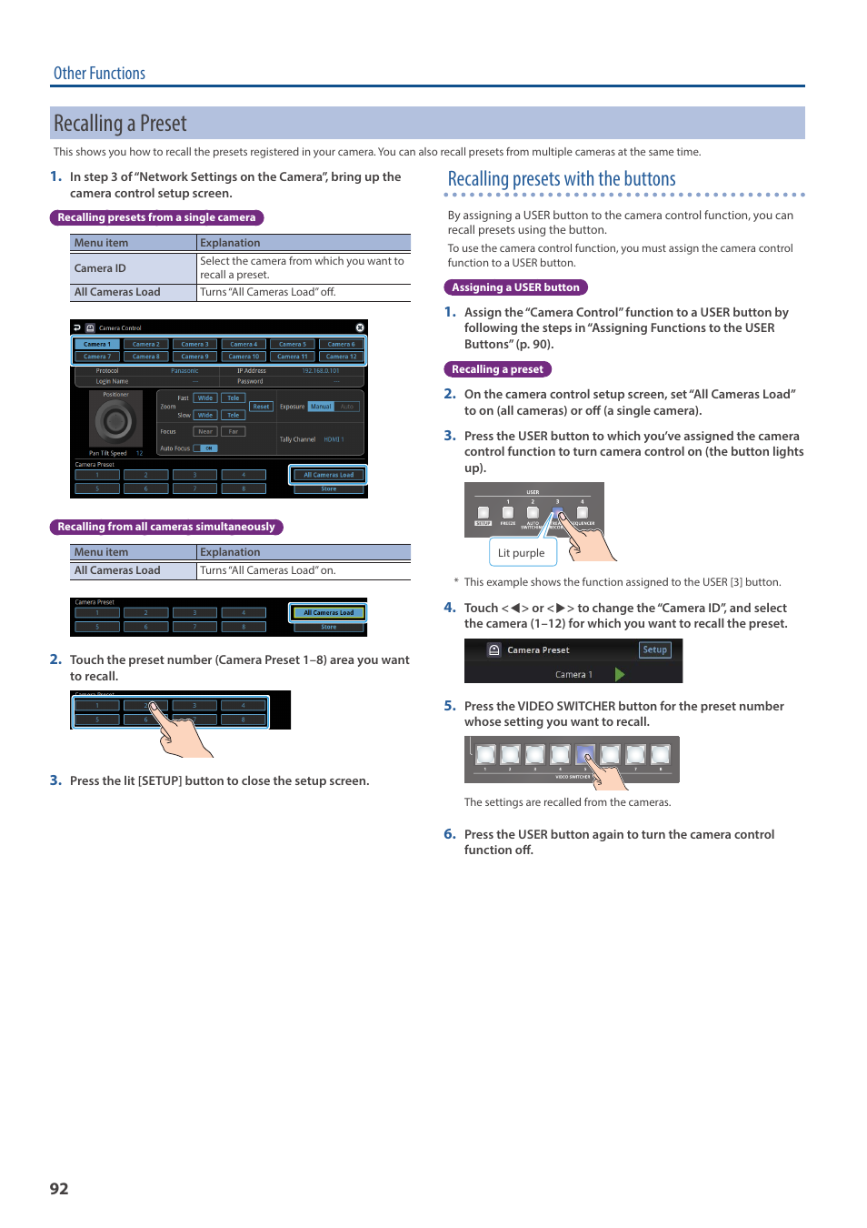 Recalling a preset, Recalling presets with the buttons, Other functions | Roland VR-120HD Direct Streaming AV Mixer User Manual | Page 92 / 161