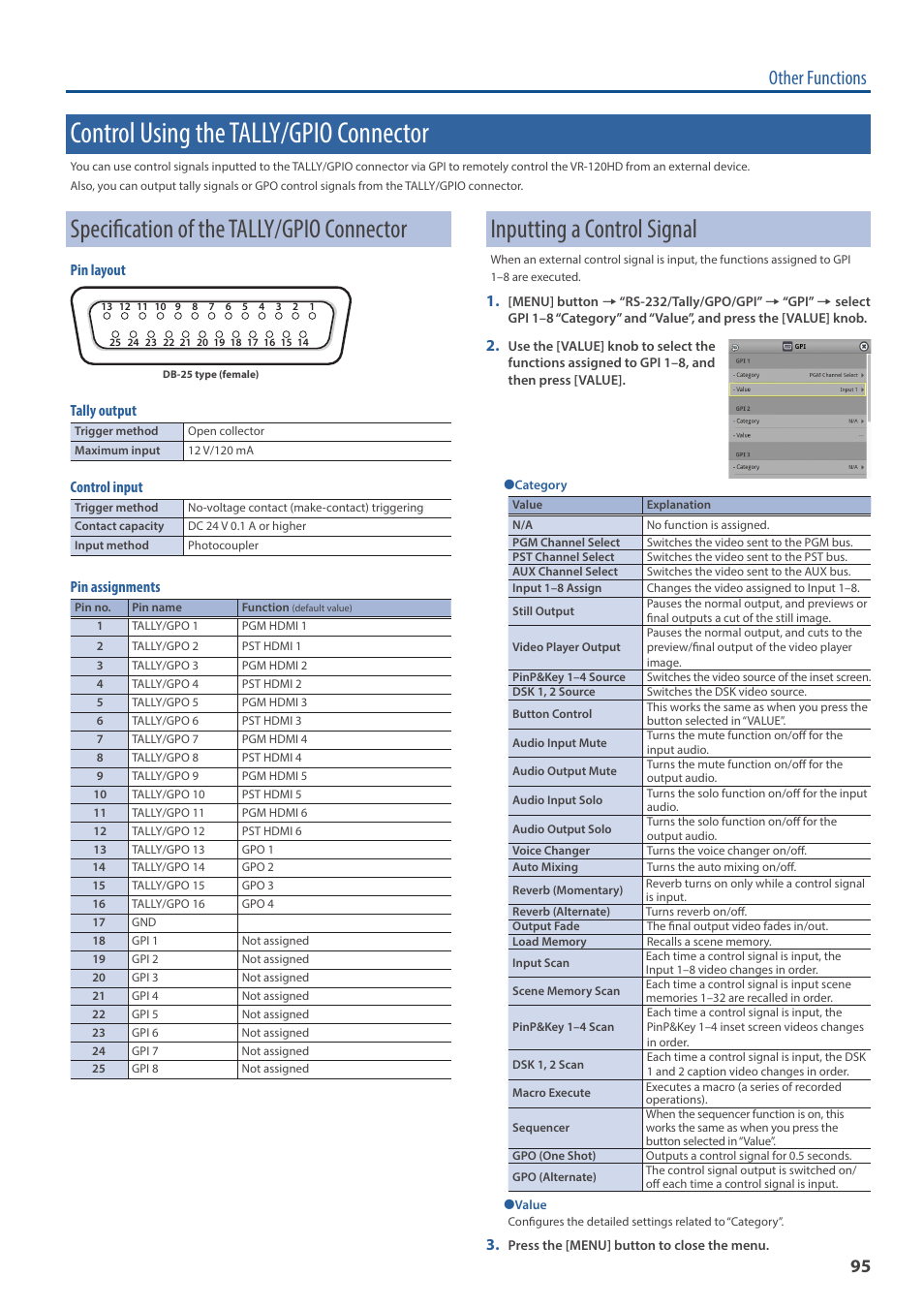 Control using the tally/gpio connector, Specification of the tally/gpio connector, Inputting a control signal | Inputting a control signal” (p. 95), Other functions, Pin layout, Tally output, Control input, Pin assignments | Roland VR-120HD Direct Streaming AV Mixer User Manual | Page 95 / 161