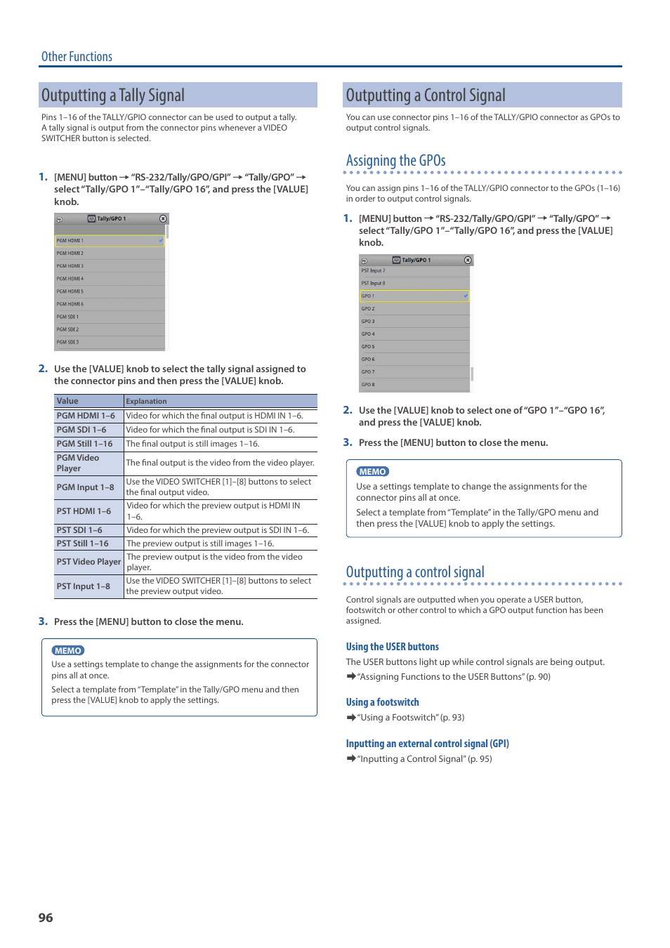 Outputting a tally signal, Outputting a control signal, Assigning the gpos | Other functions | Roland VR-120HD Direct Streaming AV Mixer User Manual | Page 96 / 161