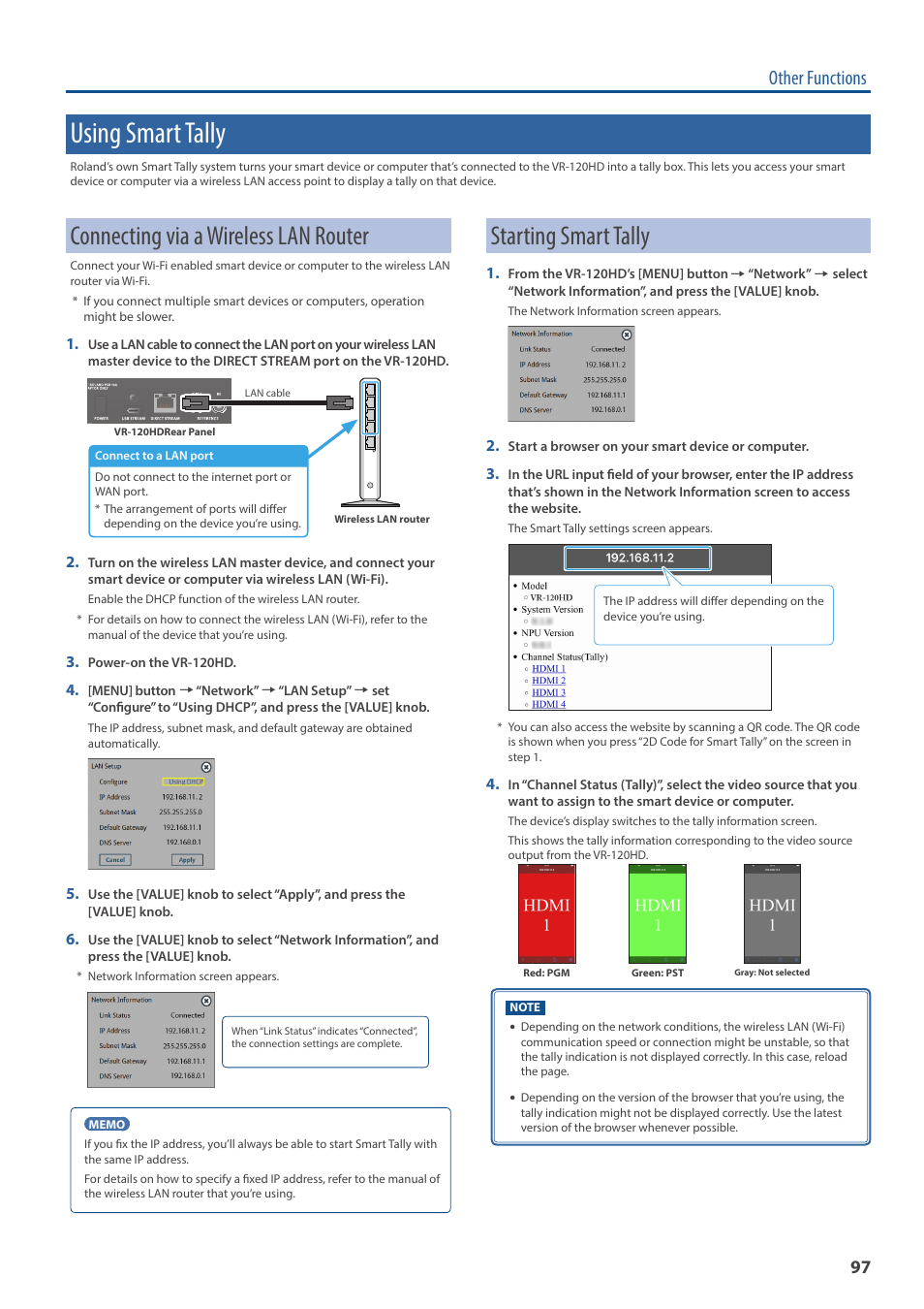 Using smart tally, Connecting via a wireless lan router, Starting smart tally | Other functions | Roland VR-120HD Direct Streaming AV Mixer User Manual | Page 97 / 161