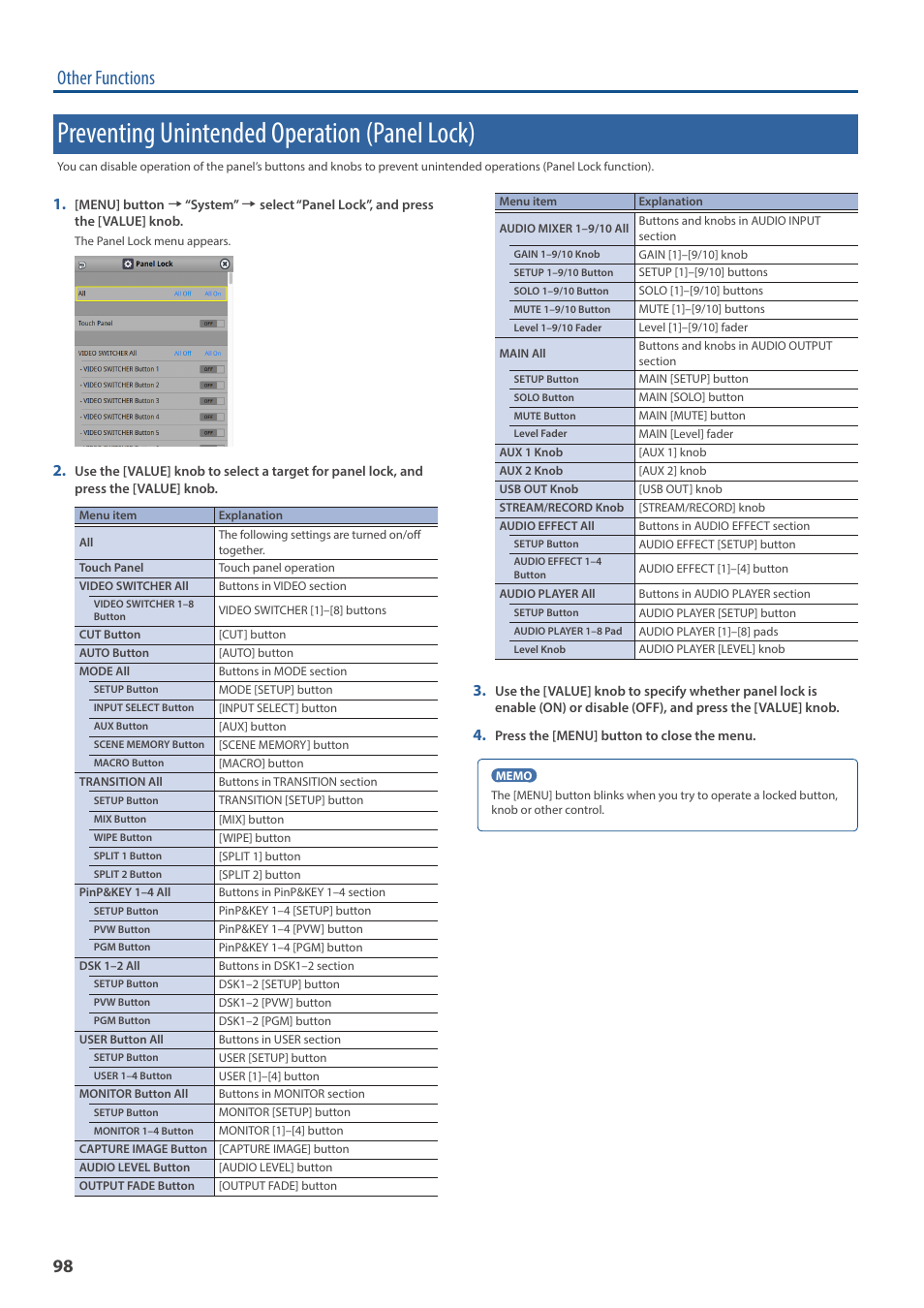 Preventing unintended operation (panel lock), Other functions | Roland VR-120HD Direct Streaming AV Mixer User Manual | Page 98 / 161