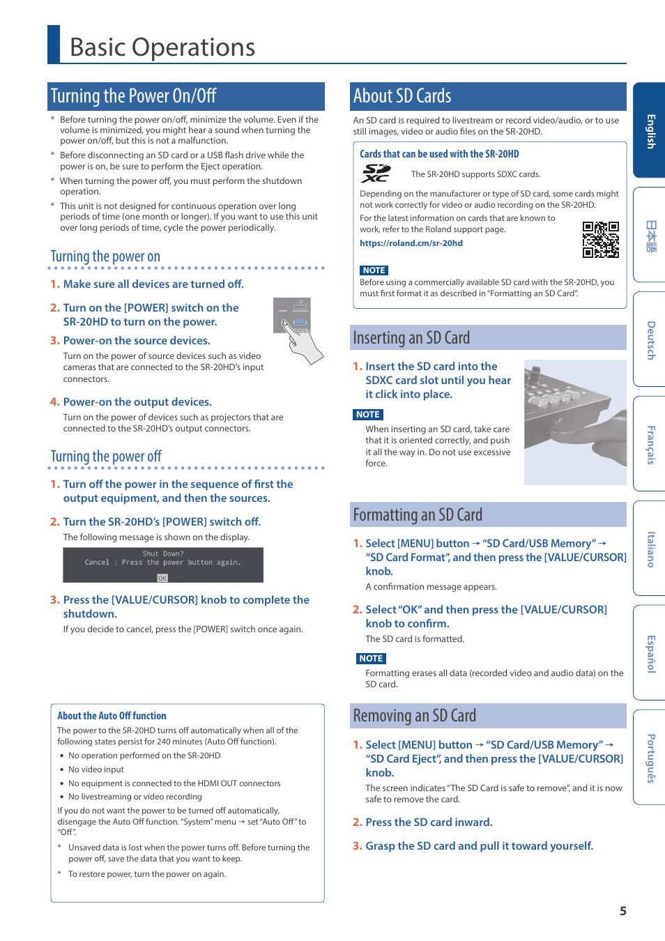 Basic operations, Turning the power on/off, About sd cards | Inserting an sd card, Formatting an sd card, Removing an sd card, Turning the power on, Turning the power off | Roland Direct Streaming AV Mixer User Manual | Page 5 / 8