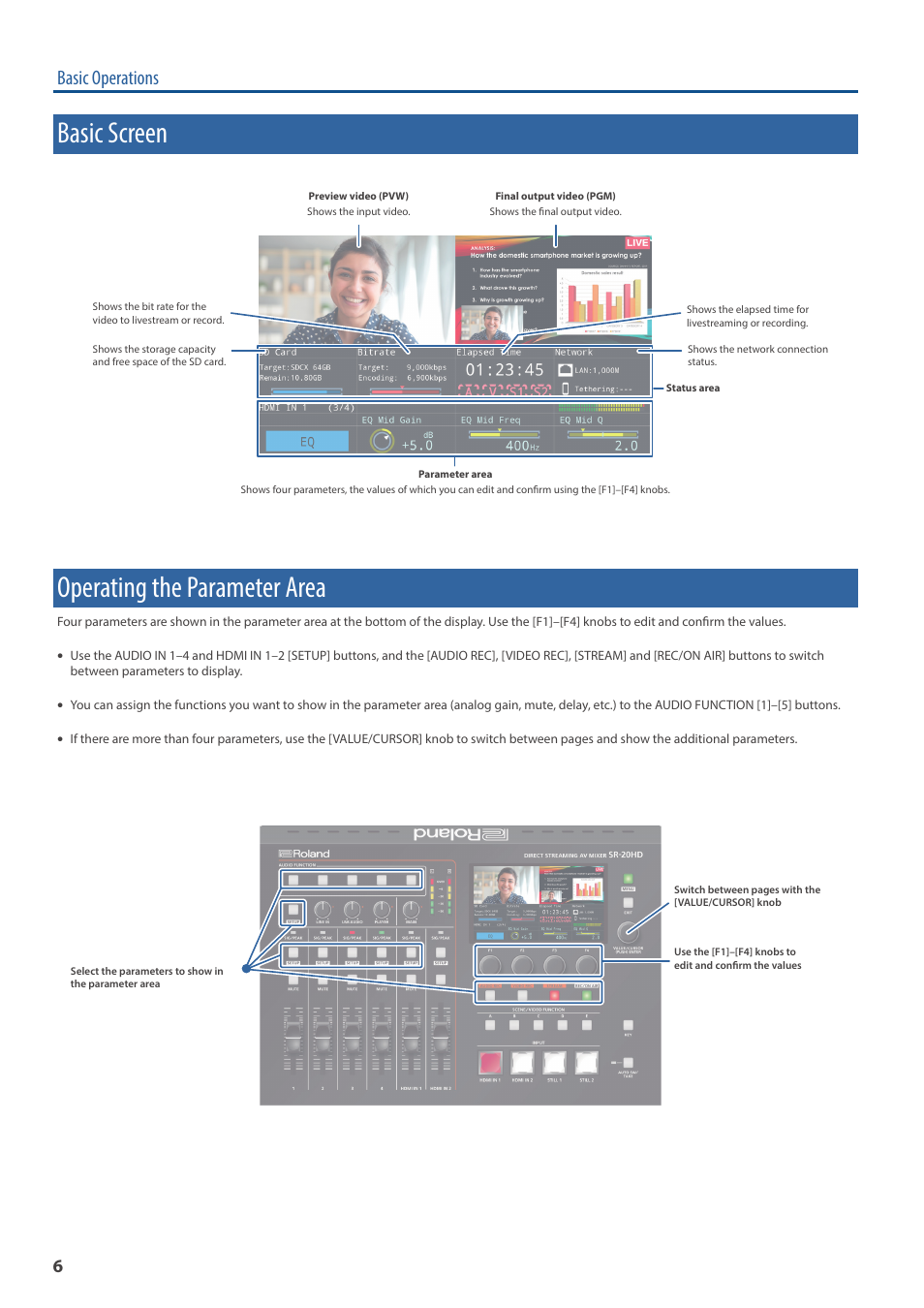 Basic screen, Operating the paremeter area, Operating the parameter area | Basic operations | Roland Direct Streaming AV Mixer User Manual | Page 6 / 8