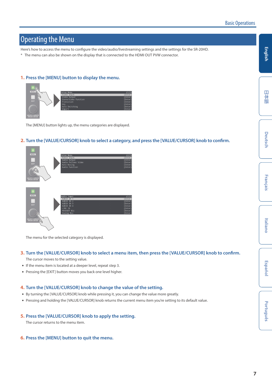 Operating the menu, Basic operations | Roland Direct Streaming AV Mixer User Manual | Page 7 / 8