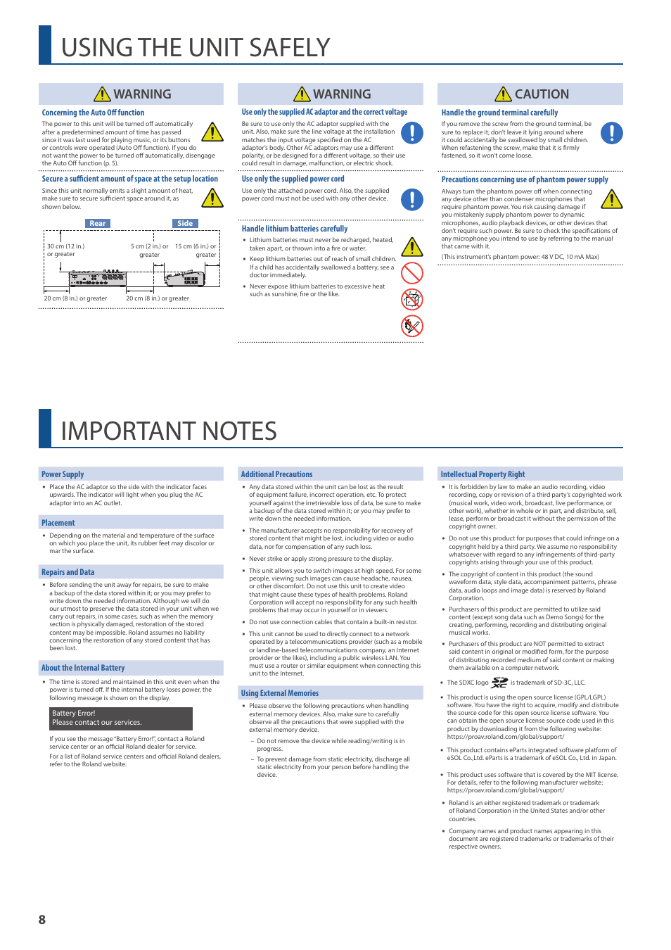 Using the unit safely, Important notes, Warning | Caution | Roland Direct Streaming AV Mixer User Manual | Page 8 / 8