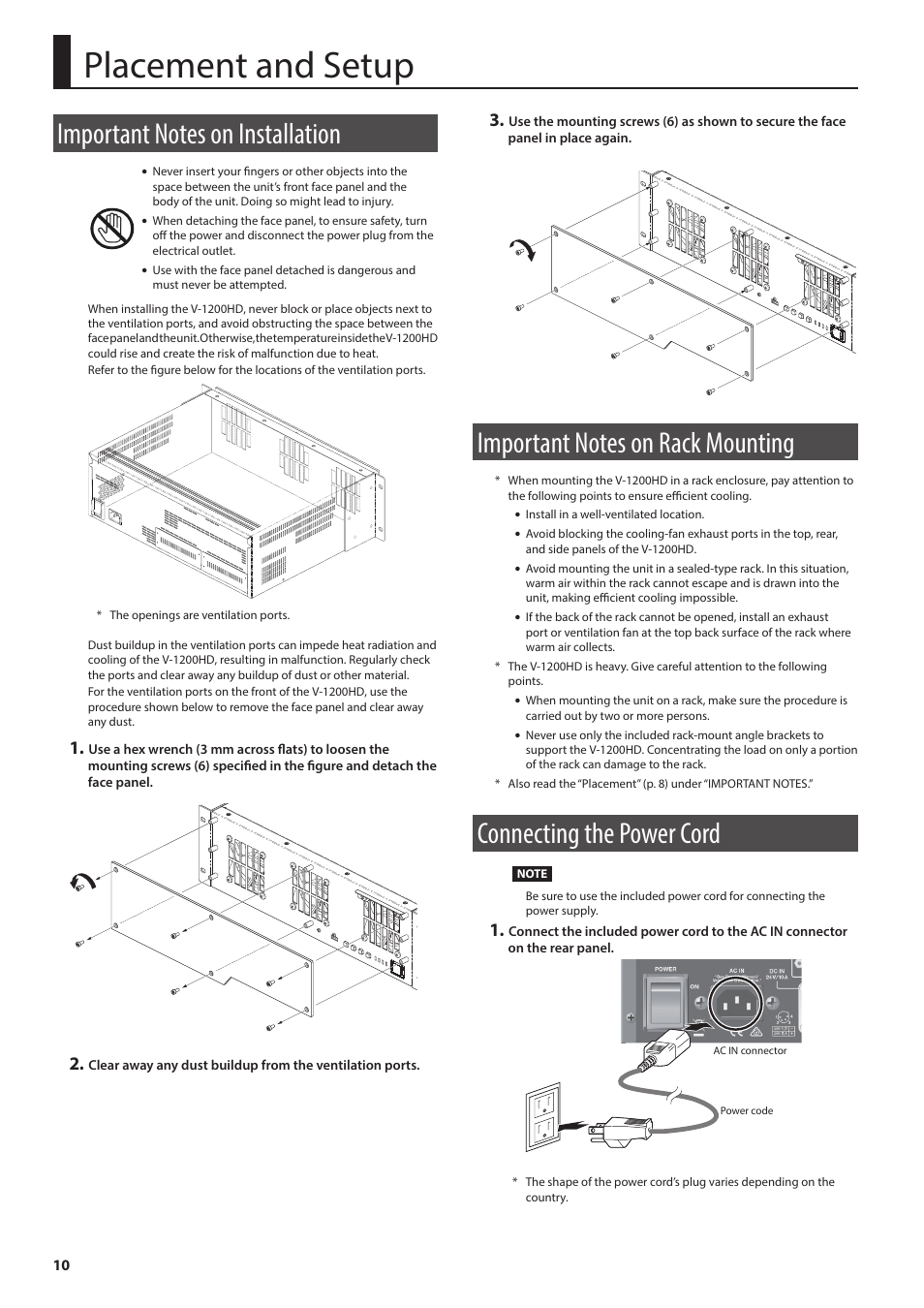 Placement and setup, Important notes on installation, Important notes on rack mounting | Connecting the power cord, E panel (p.10) | Roland V-1200HD Multi-Format Video Switcher User Manual | Page 10 / 40