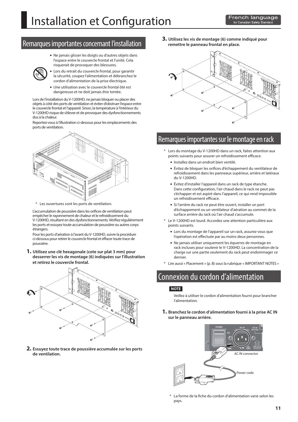 Installation et configuration (french language), Remarques importantes concernant l’installation, Remarques importantes sur le montage en rack | Connexion du cordon d’alimentation, Tal (p.11), Installation et configuration | Roland V-1200HD Multi-Format Video Switcher User Manual | Page 11 / 40