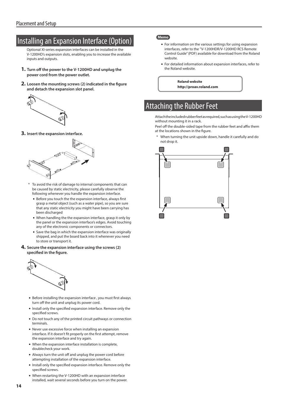 Installing an expansion interface (option), Attaching the rubber feet, S (p.14) | Eet (p.14), Placement and setup | Roland V-1200HD Multi-Format Video Switcher User Manual | Page 14 / 40