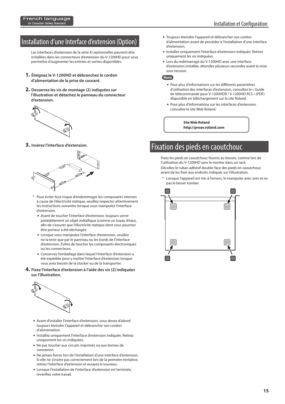 Installation d’une interface d’extension (option), Fixation des pieds en caoutchouc, T les vis indiquées (p.15) | Chouc (p.15), Installation et configuration | Roland V-1200HD Multi-Format Video Switcher User Manual | Page 15 / 40