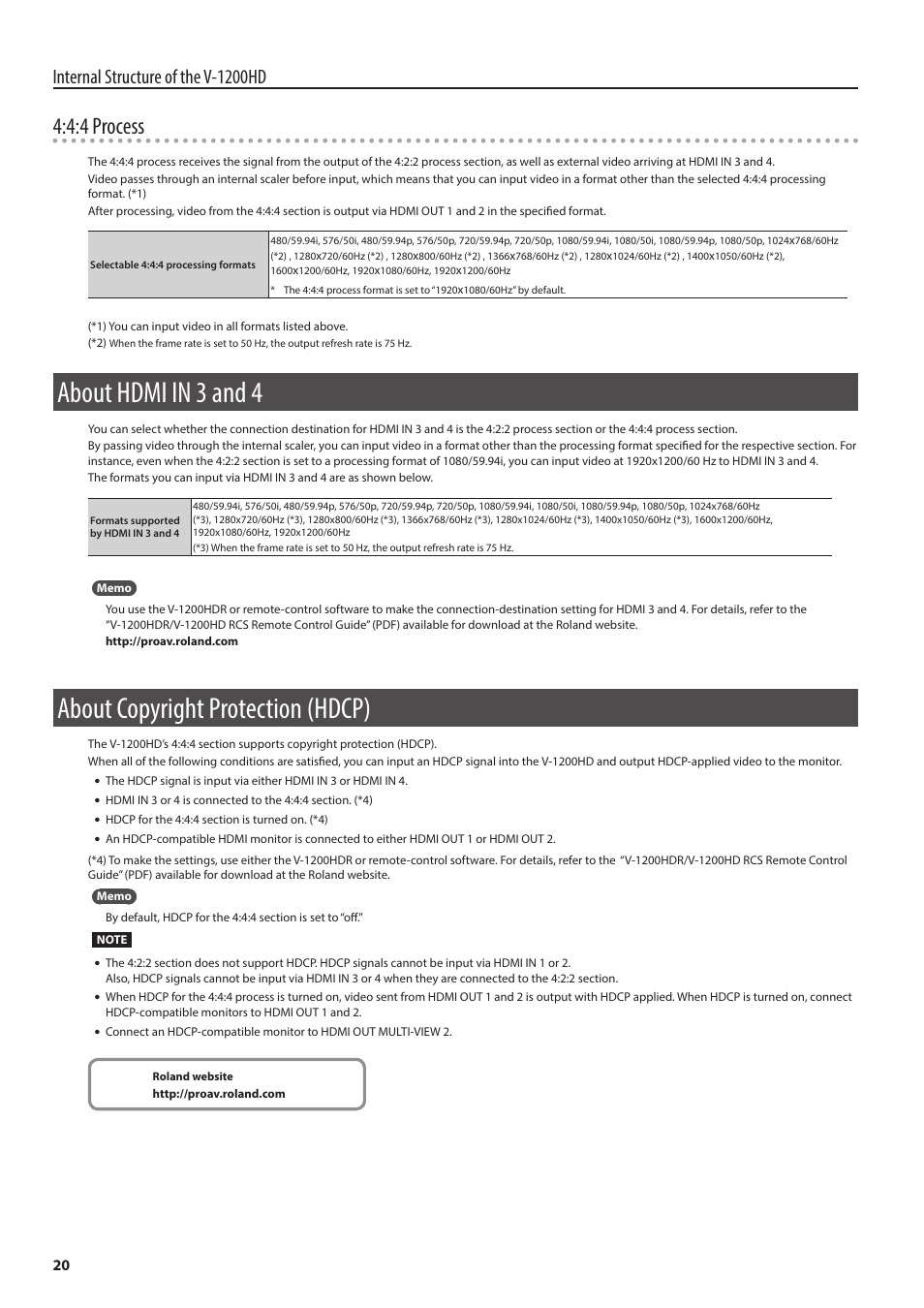 About hdmi in 3 and 4, About copyright protection (hdcp), O “about copyright protection | Hdcp)” (p. 20), 4:4 process, Internal structure of the v-1200hd | Roland V-1200HD Multi-Format Video Switcher User Manual | Page 20 / 40