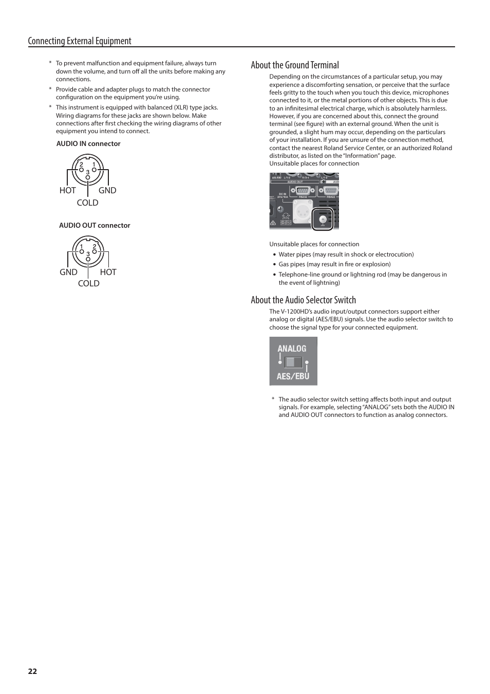 P. 22, Connecting external equipment, About the ground terminal | About the audio selector switch, Gnd cold hot hot cold gnd | Roland V-1200HD Multi-Format Video Switcher User Manual | Page 22 / 40